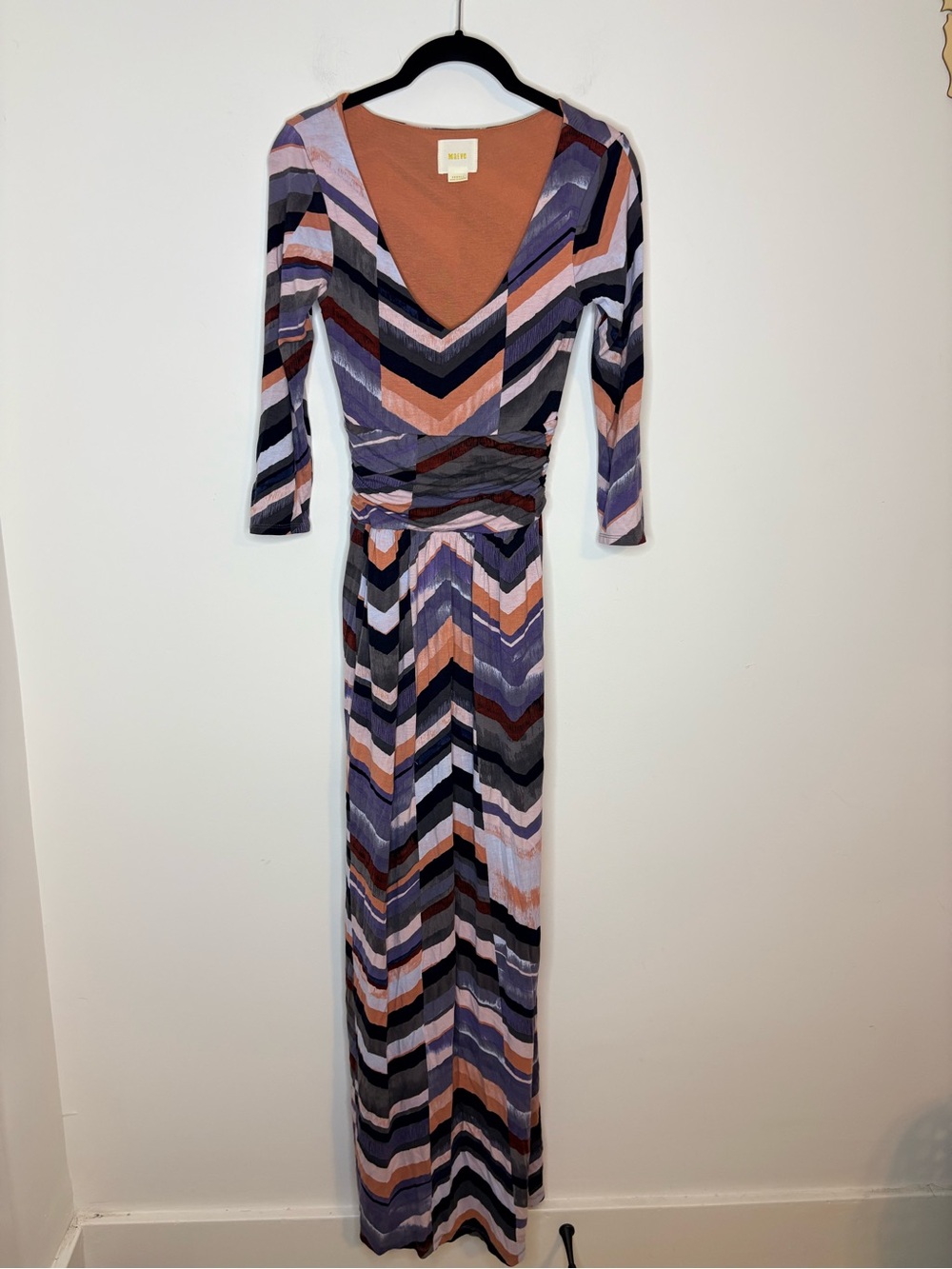 Maeve Chevron Print V-neck 3/4 Sleeve Maxi Dress Size XS with Pockets